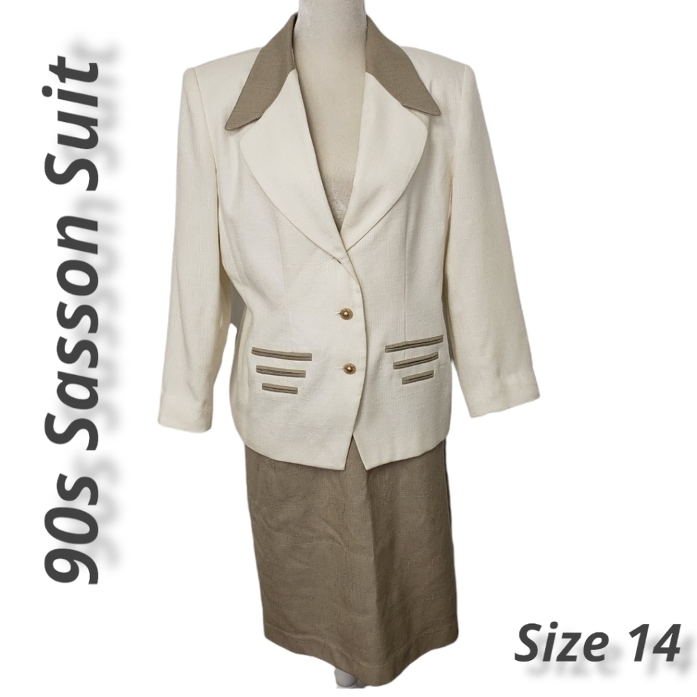 VINTAGE 90s Sasson Business Suit Skirt and Jacket Cream And Taupe sz 14 VGUC